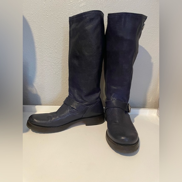 Vintage Frye Veronica Slouch Blue Leather Mid-Calf Harness Boots Size 7.5B - Picture 9 of 11
